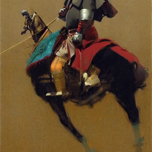 Image similar to portrait of man wearing chinmail and gambeson holding jousting lance, horse is wearing caparisons, by greg manchess, bernie fuchs, ruan jia