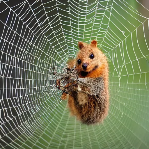 Prompt: spider quokka hybrid, weaving an intricate web, 🕷, happy, bold natural colors, national geographic photography, masterpiece, in - frame, canon eos r 3, f / 8. 0, iso 2 0 0, 1 / 1 6 0 s, 8 k, raw, unedited, symmetrical balance, wide angle