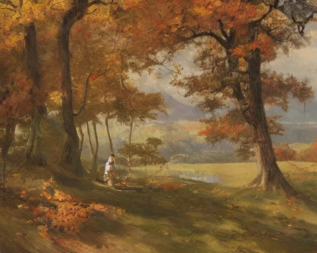 Image similar to landscape portrait of a girl chopping a hickory tree with an axe, autumn mountains, original oil on canvas painting by william sydney mount, trending on artstation