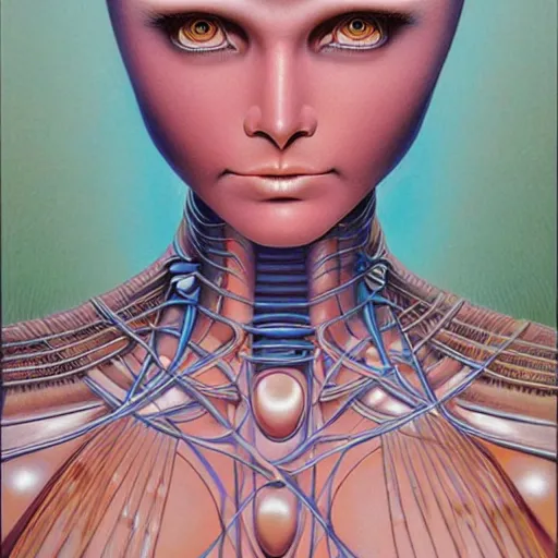 Image similar to humanoid female robot, highly detailed, expressive eyes, beautiful symmetric body, perfect proportions, highly intricate, art by boris vallejo and alex gray