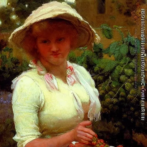 Image similar to A beautiful Blonde Woman with Locks selling strawberries in the style of Jean-Joseph Benjamin-Constant, Portrait