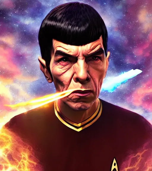Prompt: an epic fantasy comic book style portrait painting of spock smoking a space joint and is high, studio ghibli, unreal 5, daz, hyperrealistic, octane render, cosplay, rpg portrait, dynamic lighting, intricate detail, harvest fall vibrancy, cinematic