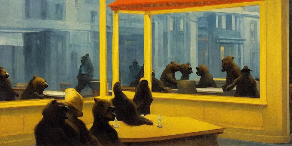 Prompt: painting, view from inside edward hopper's painting nighthawks, of a group of werebears robbing a bank, foggy