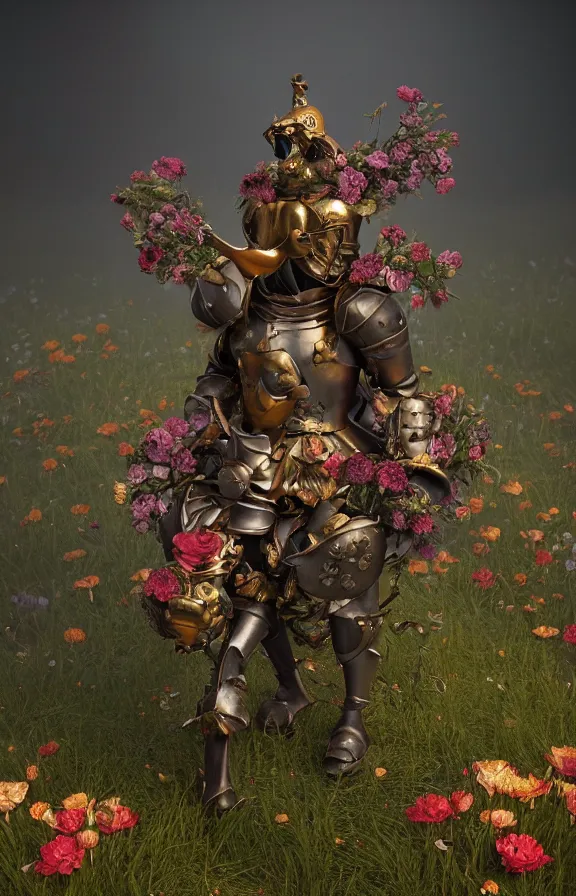 Image similar to full body image of a baroque knight in bed of flowers in dark forest, surrounded by fire and smoke, moody, rim light, dynamic lighting, cinematic shot, gritty, ultra - detail, renderman, physically based render