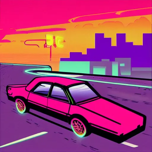 Prompt: car driving down a road towards a city. Neon punk. Vaporwave. 80s.