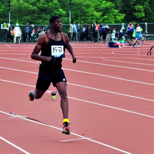 Image similar to photograph of an male runner athlete being chased by Zombies in the background. Track and field event. DSLR Photography