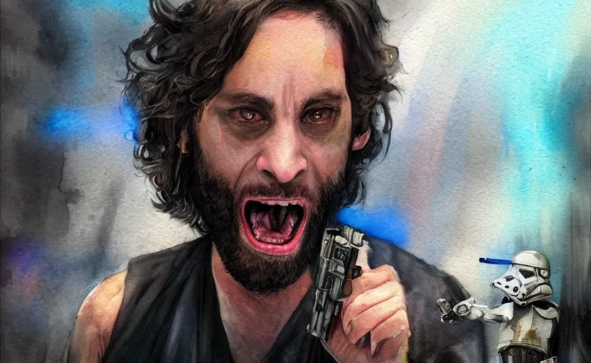 Image similar to an accurate realistic star wars watercolor fantasy concept art of a drug dealer that looks like chris d'elia yelling angrily in a sleazy futuristic bar of coruscant, hq, 4 k