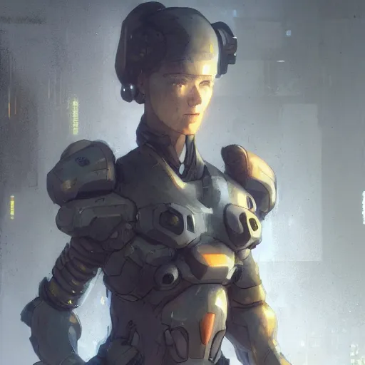 Image similar to a smiling soldier in futuristic gear, she is standing in front of a concrete wall, scifi art, dramatic lighting, illustration by Greg rutkowski, yoji shinkawa, 4k, digital art, concept art, trending on artstation