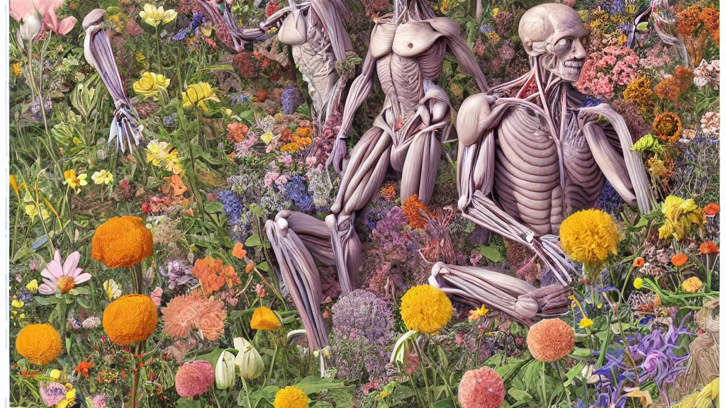 Image similar to highly detailed illustration of human anatomy surrounded by all the known species of flowers by juan gatti!!, by gottfried bammes, by moebius!, by george bridgman, by oliver vernon, by joseph moncada, by damon soule, by manabu ikeda, by kyle hotz, by dan mumford, by kilian eng