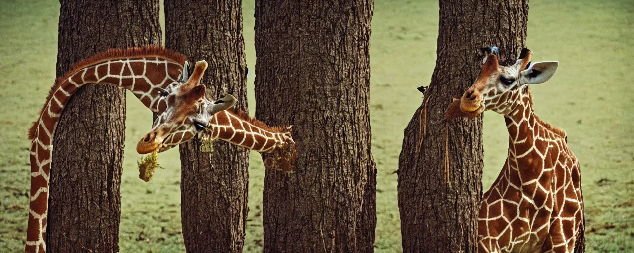 Image similar to a giraffe ( only 1 ) eating spaghetti off a tree, in the style of national geographic, canon 5 0 mm, kodachrome, retro, muted, visual noise