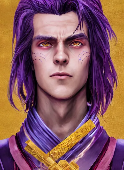 Image similar to An epic fantasy comic book style portrait painting of young man with straight indigo hair, purple eyes with red eye markers, slim body, wearing a detailed Japanese kimono with golden armor pieces, holding a japanese fan. Unreal 5, DAZ, hyperrealistic, octane render, cosplay, RPG portrait, dynamic lighting
