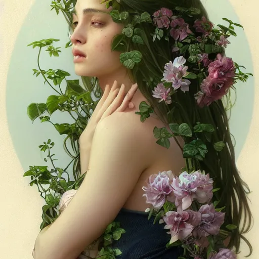 Image similar to A gorgeous young woman plant hybrid, vine and plants and flowers, intricate, digital painting, highly detailed, concept art, Artstation, Cgsociety, Artgerm, Alphonse Mucha, Wlop, cinematic lighting, sharp focus