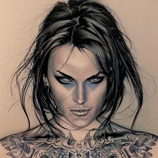 Image similar to a beautiful portrait of a heavily tattooed woman Travis Charest style