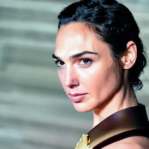 Image similar to a still of gal gadot a beautiful looking off into the distance, wavy long - length black hair, gold collar, white themyscira dress, beautiful brown eyes, medium shot, with a soft, natural light falling on her face. the focus is on her eyes and brows, which are perfectly shaped and well - defined. by annie leibowitz