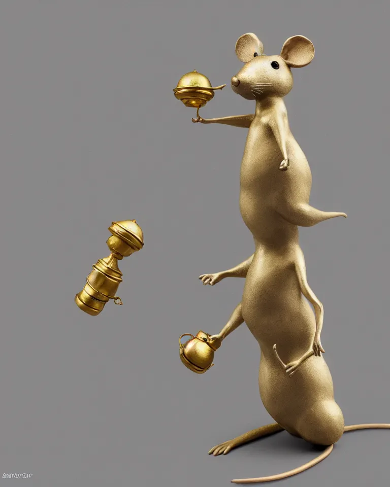 Prompt: a hyperrealistic, highly detailed statue of a mouse standing on two legs and holding a round bell made of white marble and gold, dramatic lighting, trending on artstation, sigma 5 0, hyper realisitic