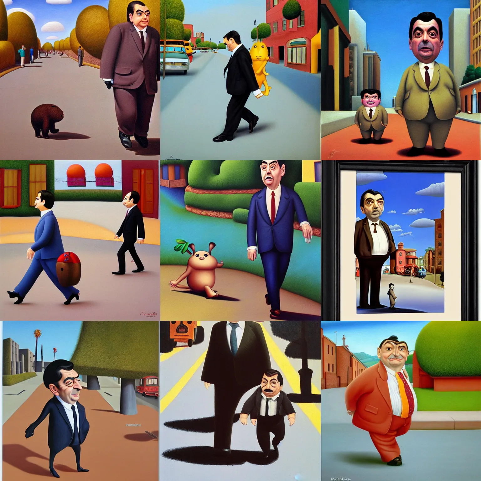 Prompt: mr. bean walks down a street on a sunny day by fernando botero