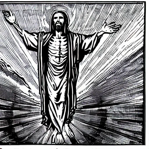 Image similar to Jesus Christ as skeleton inside an epicenter of a thermonuclear blast standing on the Earth sphere with radioactive rays to the sides