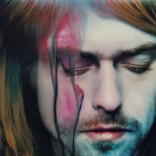 Image similar to colour masterpiece surreal closeup portrait photography of kurt cobain by miho hirano and annie leibovitz and michael cheval, smoke background, 8 k