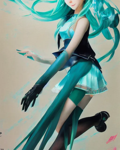 Image similar to beautiful Hatsune Miku by Ruan Jia and Gil Elvgren, fullbody