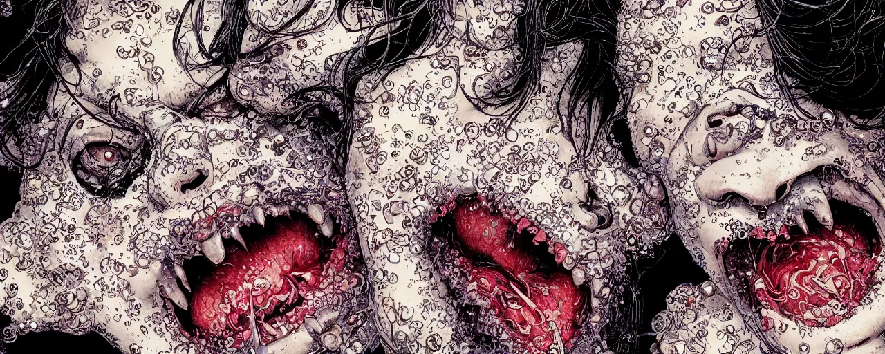 Image similar to closeup of face melting and tongues, by yoichi hatakenaka, masamune shirow, josan gonzales and dan mumford, ayami kojima, takato yamamoto, karol bak