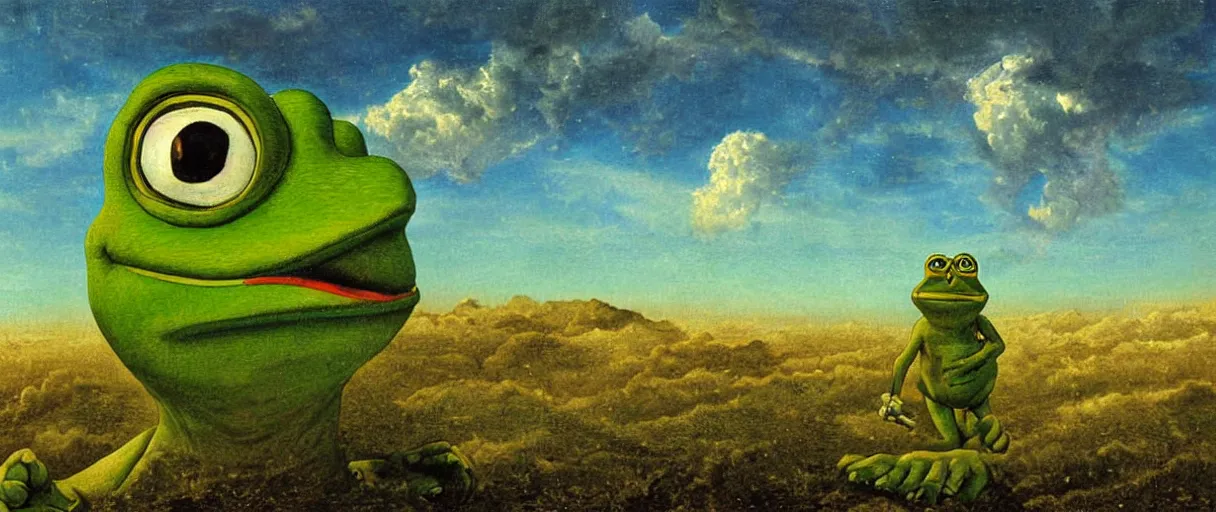 Prompt: ' pepe the frog, blue sky, storm, detailed 4 k illustration, oil painting by pellizza da volpedo'