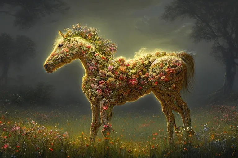 Image similar to a stunning digital painting of a horse made of intricately engraved gnarled wood with a mane of bioluminescent flowers standing in a field of flowers by greg rutkowski, flowercore, volumetric light, digital art, fine detail, photorealistic