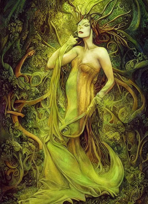 Prompt: junoesque curvaceous fey queen, vine dress, glowing forest, strong line, eerie color, beautiful! coherent! by brian froud, by mariusz lewandowski