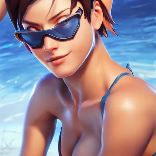 Prompt: a highly detailed portait of tracer from overwatch in a bikini, digital art, pretty face, muscular, very beautiful face, very detailed eyes, 8 k resolution, by wlop, greg rutkowski, full body