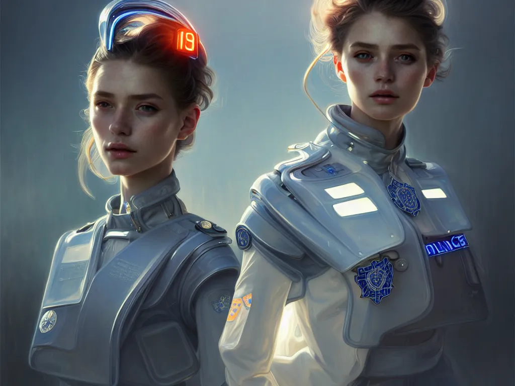 Prompt: portrait futuristic netherlands police uniform girl, at future neon light rooftop, ssci - fi and fantasy, intricate and very very beautiful and elegant, highly detailed, digital painting, artstation, concept art, smooth and sharp focus, illustration, art by tan zi and ayanamikodon and alphonse mucha and wlop