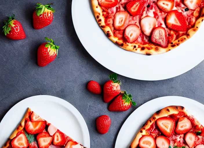 Image similar to A delicious plate of a big pizza with strawberries on, extra cheese, close up food photography, studio lighting, Sigma 35mm f/1.4