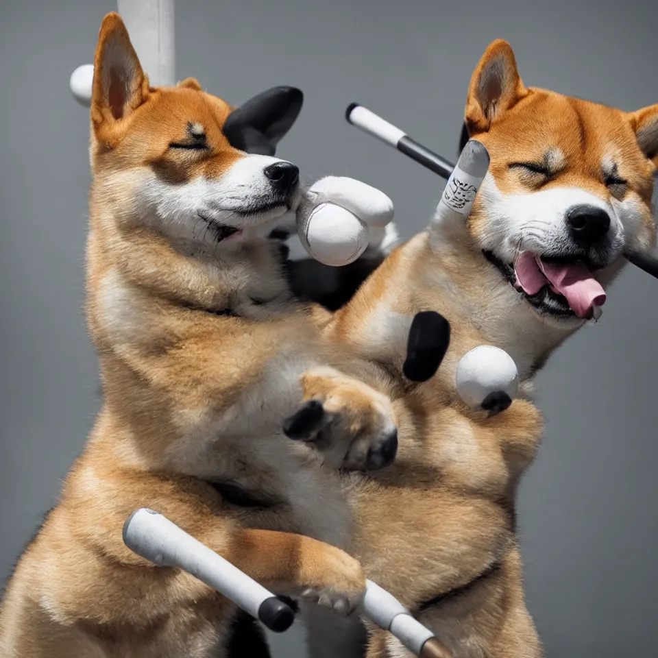 Prompt: shiba inu dog with baseball bat 4 k