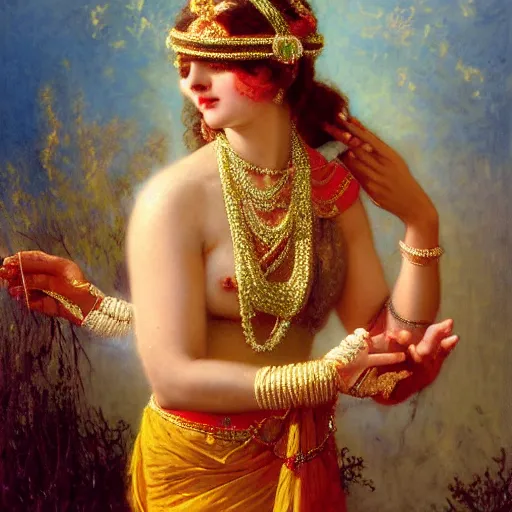 Image similar to detailed full body of hindu traditional woman blindfolded high - tech vr headset in baroque style, girl graceful,, painting by gaston bussiere, craig mullins, j. c. leyendecker, lights, art by ernst haeckel, john william godward, hammershøi,,