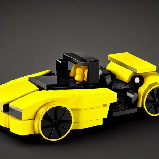 Prompt: black, yellow and red futuristic sports car built entirely using lego, 3 d render, unreal engine trending on artstation, top selection on unsplash.