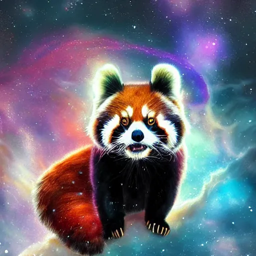 Image similar to geometric red panda with galaxy eyes in space, nebula in the background, intricate, elegant, highly detailed, digital painting, artstation, concept art, smooth, sharp focus, illustration, art by artgerm