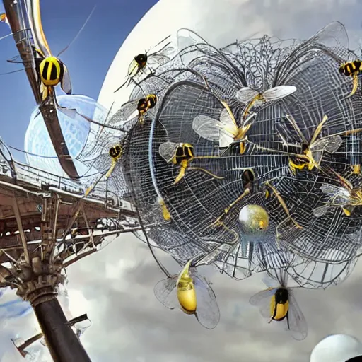 Prompt: giant mechanical wasps constructing a spherical city suspended in mid air