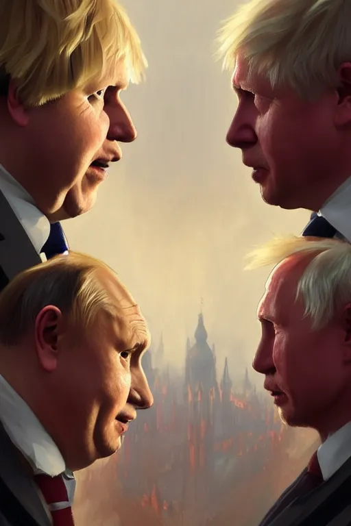 Image similar to Boris Johnson vs Putin face to face, highly detailed, digital painting, artstation, concept art, smooth, sharp focus, illustration, cinematic lighting, art by artgerm and greg rutkowski and alphonse mucha