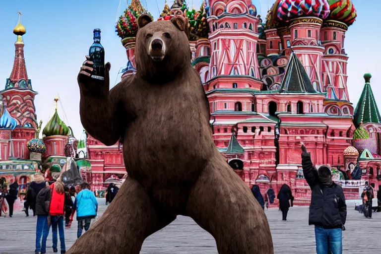 Image similar to a gigantic statue of bear holding a bottle of vodka in the middle of the red square, excited russians, symmetry, awesome exposition, very detailed, highly accurate, 8 k