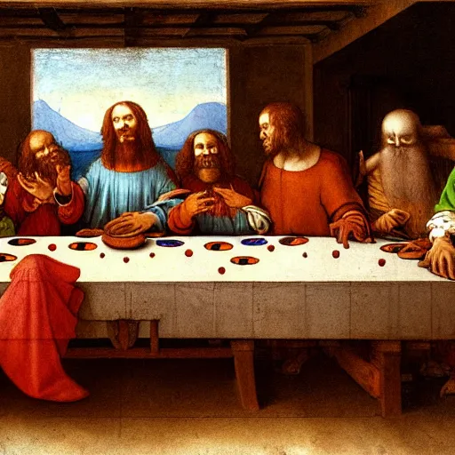 Image similar to last Supper of clowns by Leonardo Da Vinci, artstation,