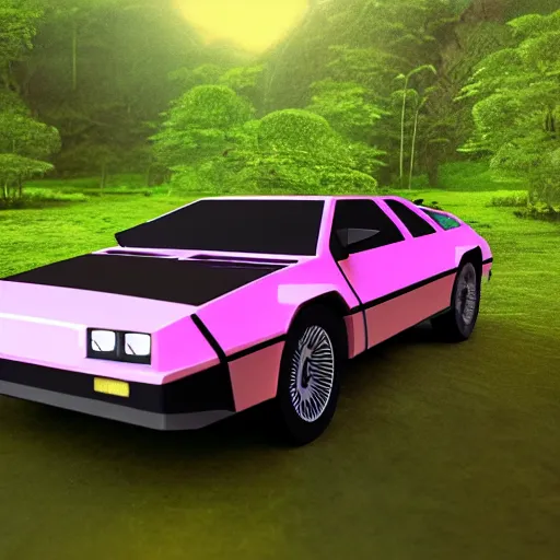 Image similar to primitive, low polygon render of a pink delorean in the jungle