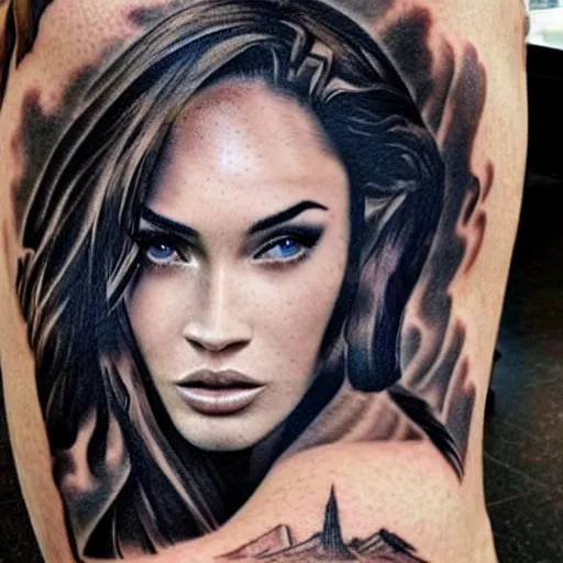 Image similar to hyper realism tattoo sketch of megan fox face professional double exposure art with beautiful mountain scenery, in the style of matteo pasqualin, amazing detail, sharp, faded