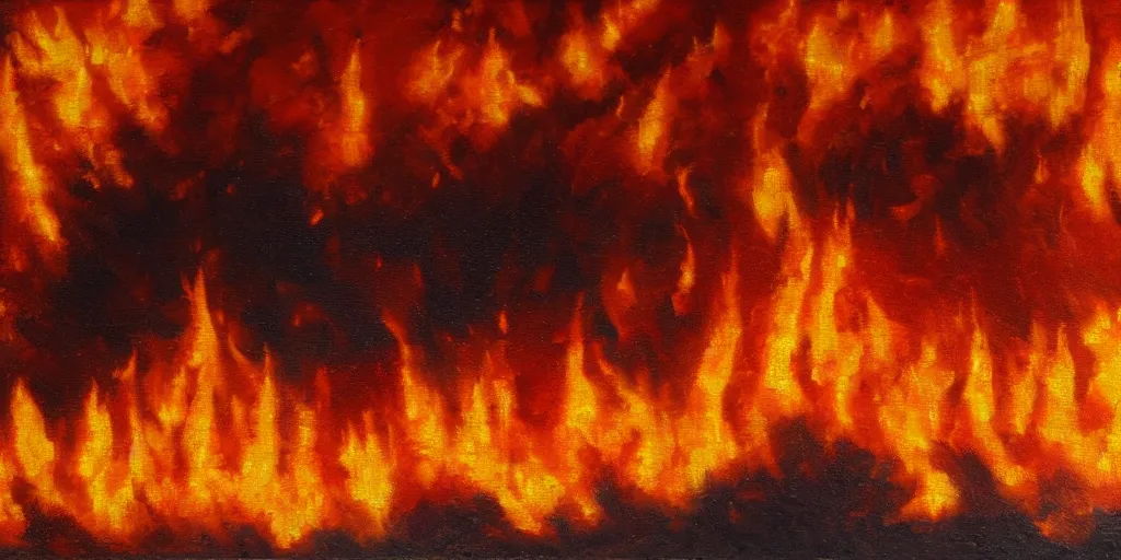 Prompt: San Francisco fire, large flames everywhere, wide shot, realistic, 8k, hd, macro detail, micro detail, oil on canvas