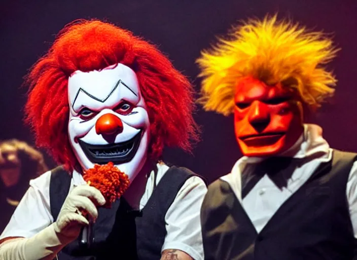 Image similar to publicity photo still of ronald mcdonald wearing a slipknot mask touring with slipknot live on stage, 8 k, live concert lighting, mid shot