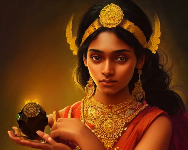 Image similar to beautiful sri lankan girl, photography of kurzgesagt, deep focus, d & d, fantasy, intricate, elegant, highly detailed, digital painting, artstation, concept art, matte, sharp focus, illustration, hearthstone, art by artgerm and greg rutkowski and alphonse mucha