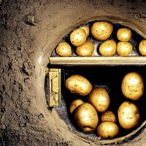 Image similar to an open bank vault with potato's pouring out of it