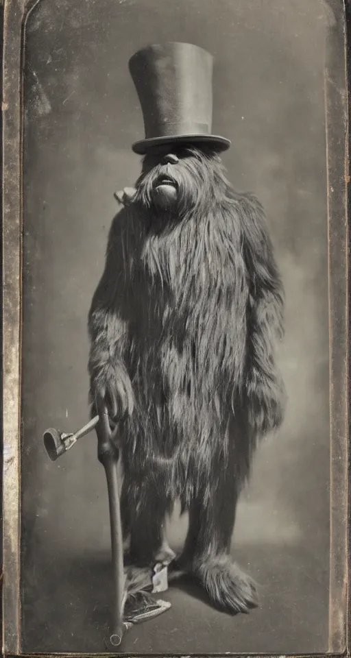 Image similar to a vintage wet plate portrait of a dignified bigfoot with a top hat and cane, extremely detailed