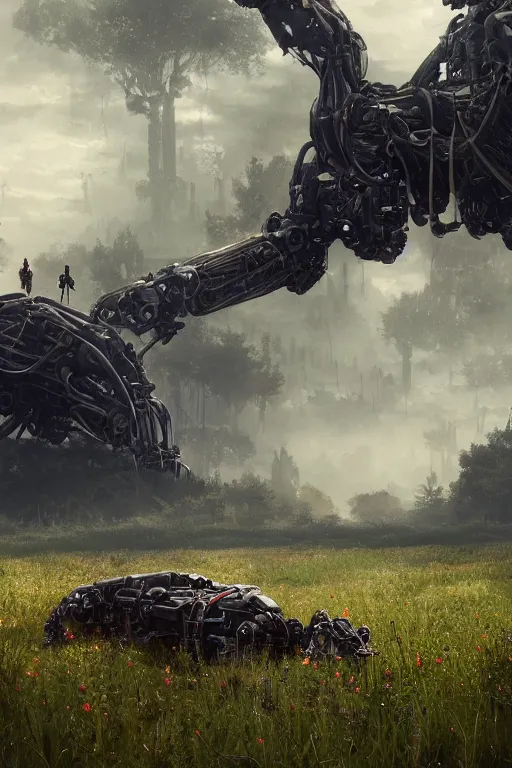 Image similar to a portrait of a broken giant mechanical robot laying in the meadow covered in plants by greg rutkowski, sung choi, mitchell mohrhauser, maciej kuciara, johnson ting, maxim verehin, peter konig, bloodborne, 8 k photorealistic, cinematic lighting, hd, high details, dramatic, dark atmosphere, trending on artstation