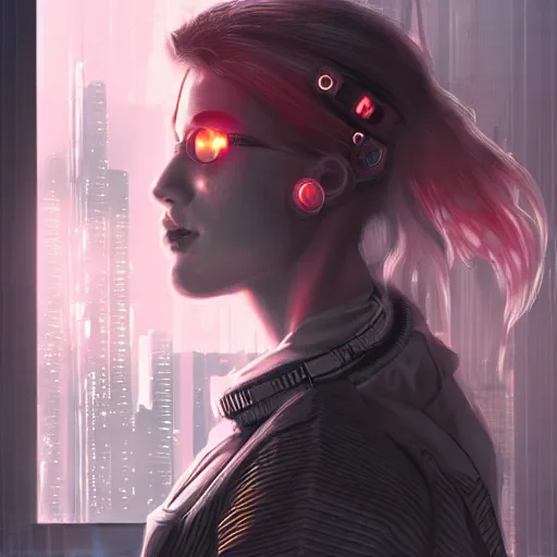 Image similar to portrait of cyberpunk woman looking out of a window, cyberpunk setting, futuristic, highly detailed, intricate lighting, digital painting, sharp focus, illustration, trending on artstation, art by kawacy.