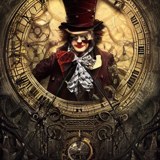 Prompt: The Mad Hatter standing in front of a twisted clock in Gothic-Steampunk style, highly detailed, artstation, intricate, gothic, steampunk, smooth, sharp focus, dark, horror, illustration, art by greg rutkowski and Yuumei, good clear quality, lighting, biology, symmetrical artwork, perfect face, 135 mm, cinematic, hyper realism, high detail, octane render, 8k, crimson highlights