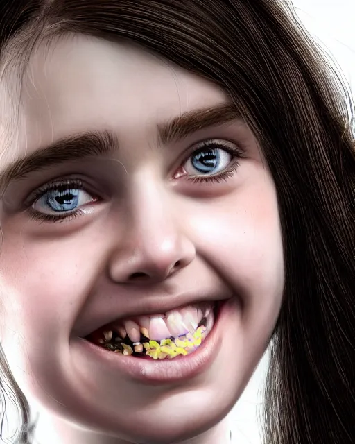 Image similar to close up portrait of 1 5 - year - old girl, smile with large front teeth, hermione granger, very bushy brown hair, and very bright brown eyes, wearing white shirt, hyper realistic face, beautiful eyes, character art, art by mark brooks, hyperdetailed, cryengine, trending on artstation, digital art