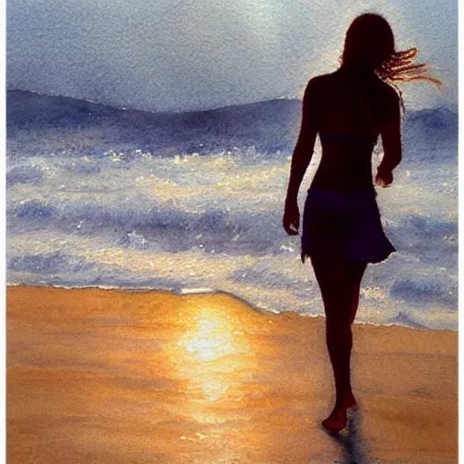 Prompt: a photorealistic watercolor of a woman walking by the beach at sunset, by Steve Hanks, highly detailed and realistic, intricate